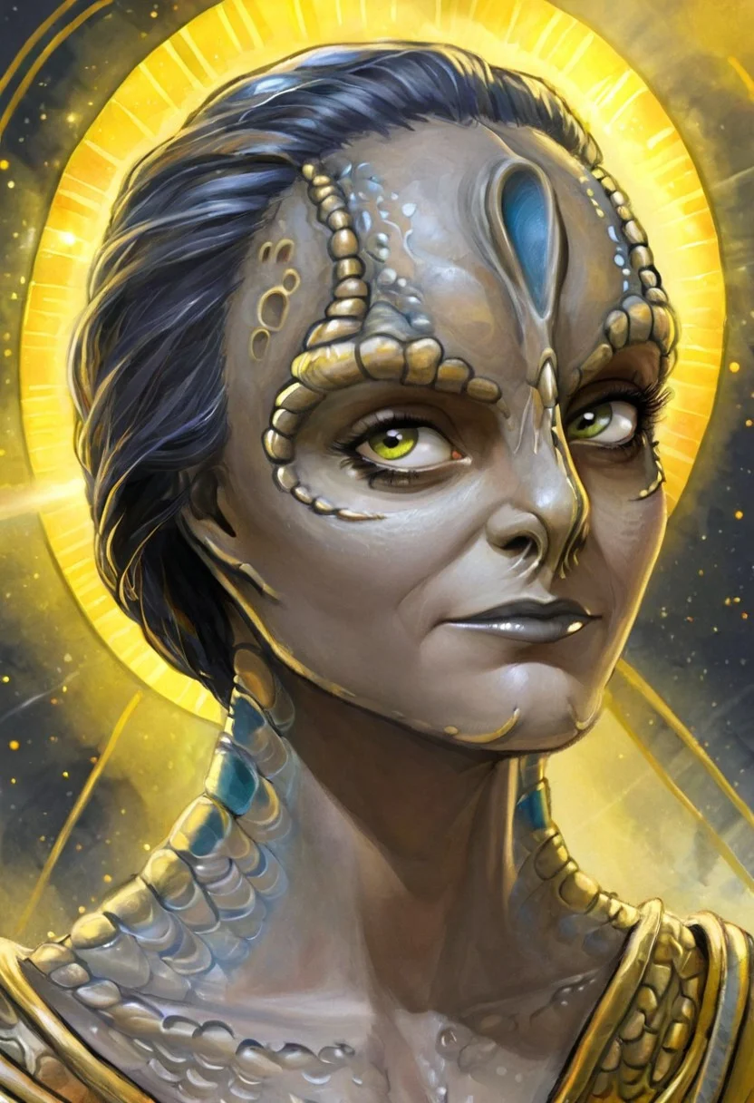 (a female c4rd45514n alien, forehead crest, grey skin, ridges, scales), space explorer, bright yellow god rays, sun circle
