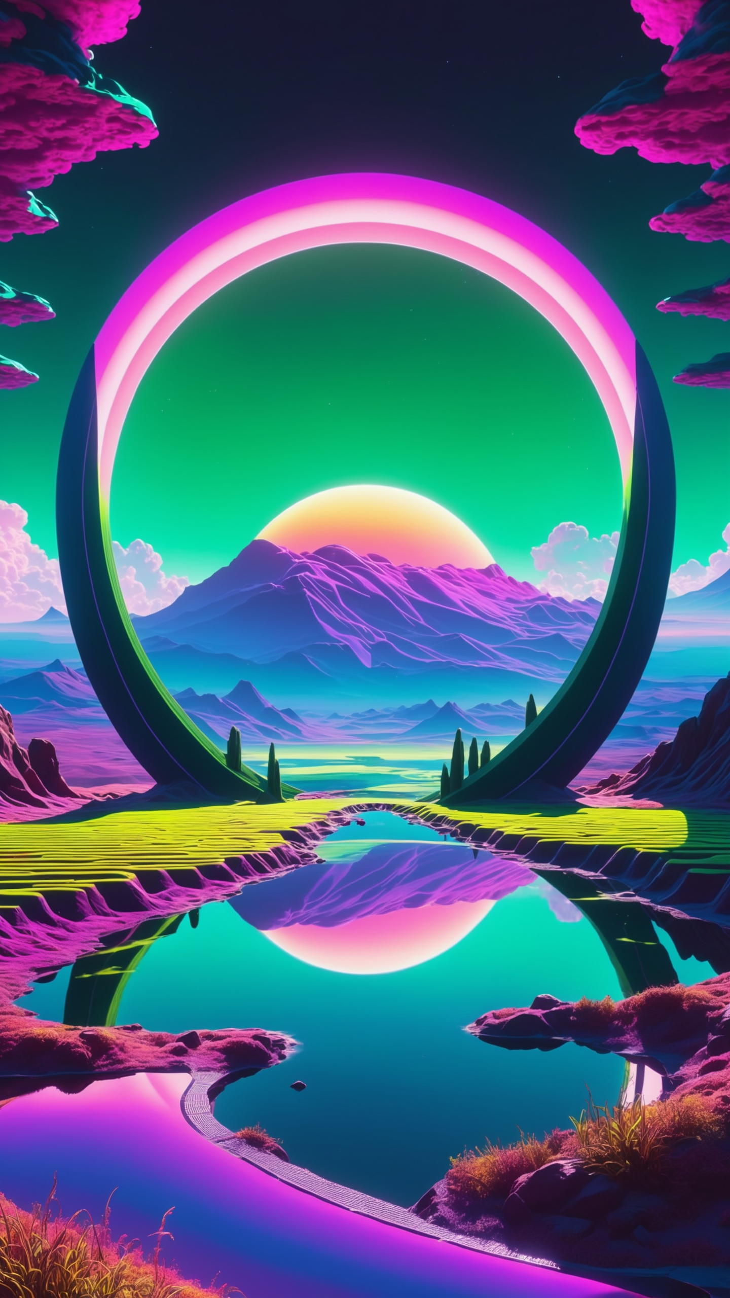 Super high definition, reflective pools, HDR, (Dark vaporwave color palette), eclipse, glowing archway, huge twisting vines, aerial view of rolling hills in bizarre alien landscape, Fibonacci, Enki, annunaki, monolith, megaliths with eyes, ufo, dna, cosmic serpent, vaporwave tiled (liminal space), iris, pixel art, vaporwave aesthetic, purple and green neon lights, bright splashes of alcohol ink puddles, volumetric light, auras, rays of sunlight, bright colors reflect, isometric, digital art, 3d render, chromatic aberration, octane render, volumetrics, by greg rutkowski, (glitched effect), byCharles Schridde, (ivory, Terragen but extremely beautiful:1.4), (intricate details, masterpiece, best quality:1.4), Futuristic style, sleek, modern, ultramodern, high tech, detailed, looking at viewer