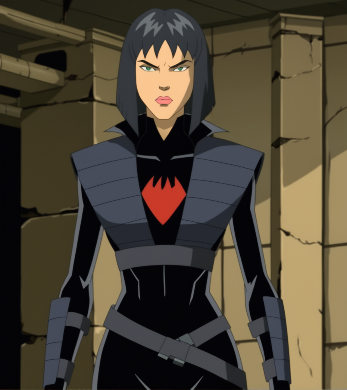 score_9, score_8_up, score_7_up, score_6_up, Karai, short hair, black hair, upper body, makeup, lipstick, black outfit, bodysuit, medium breasts, cartoon, screencap <lora:Karai_Pony:1>