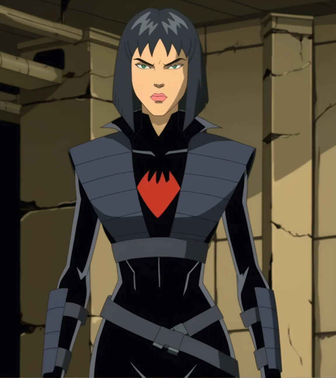 score_9, score_8_up, score_7_up, score_6_up, Karai, short hair, black hair, upper body, makeup, lipstick, black outfit, bodysuit, medium breasts, cartoon, screencap <lora:Karai_Pony:1>