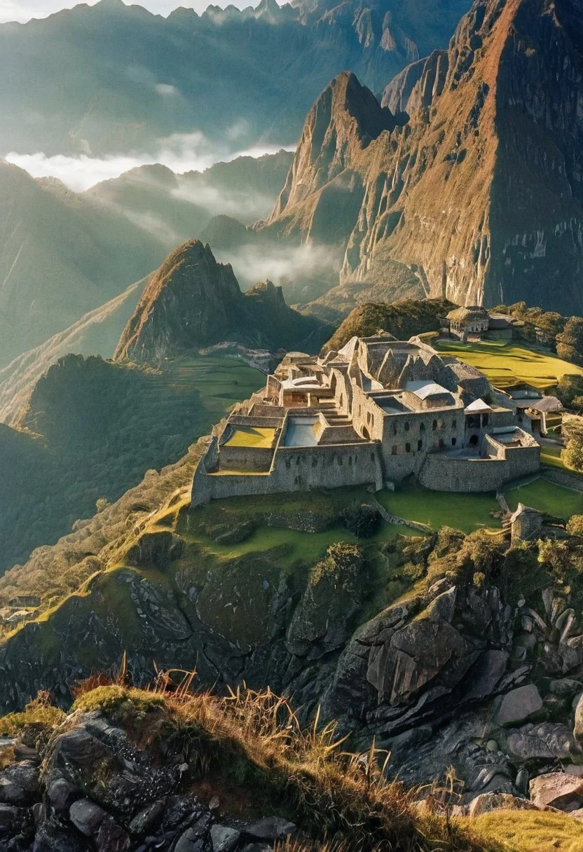 their peaks veiled in mist. mixed media, surrealism, great lighting, A surreal landscape highly detailed . extremely high-resolution details, appears trapped in an optical illusion of reflections and refractions colorful , Machu Picchu high up in the mountains, professional photography, natural lighting, volumetric lighting maximalist. intricately detailed, complex, elegant, expansive, fantastical, film photography style, medium grain