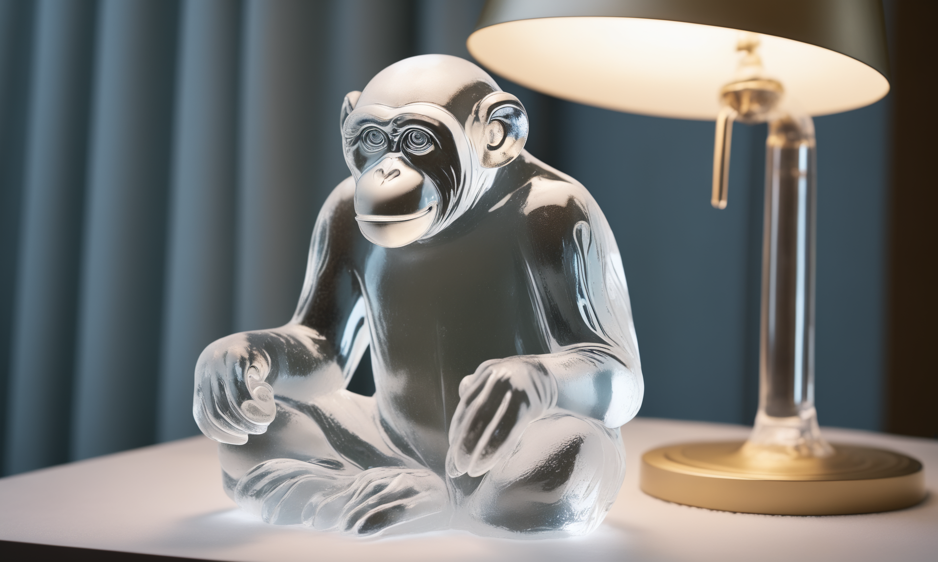 <lora:icecarvingcd_xl-000013:0.8>,close-up,a monkey sculpture made of (icecarvingcd_xl,transparent:1.2,see-through:1.2,air bubble,cracked:1.3,broken:1.3,melting ice:1.3) on table,chilled,indoors,living room,simple background,no humans,fine art,detailed,hi-res photo, emotional,harmonious,high budget,moody,epic,gorgeous,perfect lighting,realistic,photorealistic,photographic,photo (medium),real,moody lighting,volumetric lighting,reality ray tracing,8K,HDR,UHD,masterpiece,best quality,highly detailed,high resolution,finely detail,extremely detailed,ultra detailed,wallpaper