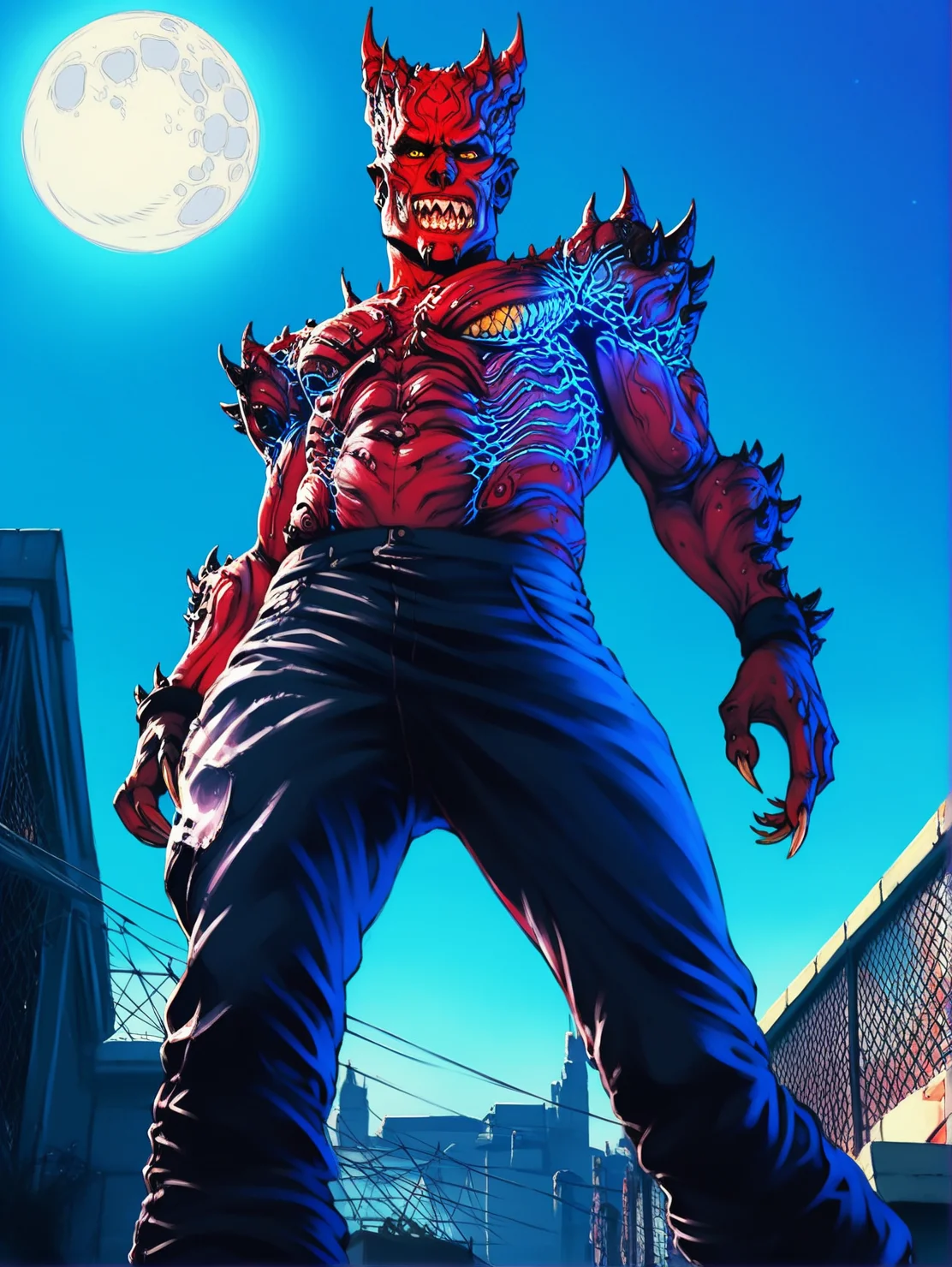 <lora:BladeDrakePonyv1:1>, score_9, score_8_up, score_7_up, high quality, best quality, hdr, uhd, 4k, masterpiece, bladedrakeponyv1, solo, spikes, colored skin, red skin, 1boy, rough skin, horns, teeth, monster, sharp teeth, glowing skin pattern, yellow eyes, night, moon, high collared cloack, dark, standing, standing on a roof's edge, full body, full body black cloack, <lora:Sinozick_Style_XL_Pony:0.8> sinozick style, flat color, dark theme, low angle view, looking down, looking at viewer, ((low angle view))