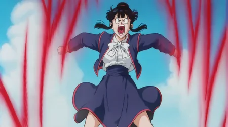 source_anime, score_9, score_8_up, score_7_up, anime screencap, absurdres, official style, chi-chi, bangs, black hair, blunt bangs, sidelocks, hair bun, single hair bun, black eyes, 1girl, solo,outdoors, city, (((kaioken, red aura, aura))), floating clothes, clenched hands, v-shaped eyebrows, standing, spread legs, street, (((broly movie))), bowtie, blue jacket, open jacket, long sleeves, white shirt, dress shirt, pencil skirt, blue skirt, high-waist skirt, cowboy shot, looking up, screaming, teeth, open mouth, thighs, 
 <lora:chichi_pony_v3e20:0.8>