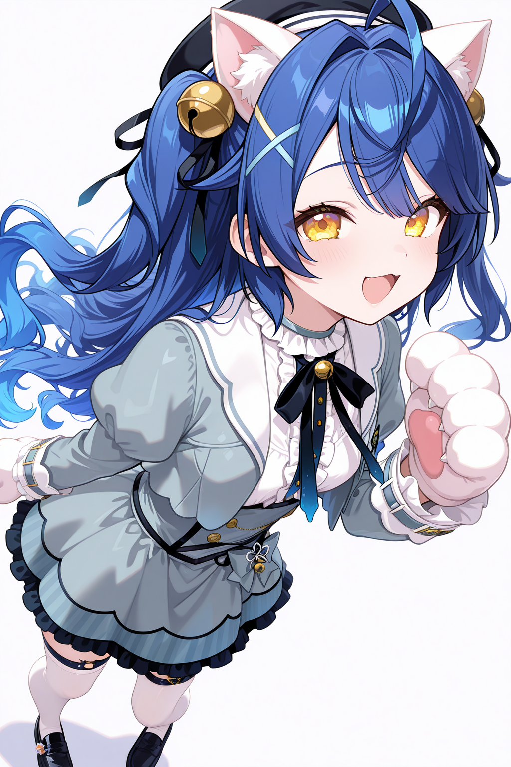 1girl, AmamiyaKokoroNijisanji,
general, solo, perspective, dynamic angle,
long hair, blue hair, two side up, wavy hair,
eyelashes, yellow eyes,
cat ears,
black headwear, x hair ornament, hair bell,
grey jacket,
puffy sleeves, frilled sleeves,
cropped jacket,
breasts, open jacket, 
neck bell, white shirt, 
grey dress, thigh strap, white thighhighs, loafers,
paw gloves,
smile, 
singing,
simple background,
<lora:kp_AmamiyaKokoroNijisanji1stCostumeIllustrious_v1_0:1.0>,
masterpiece, best quality, amazing quality