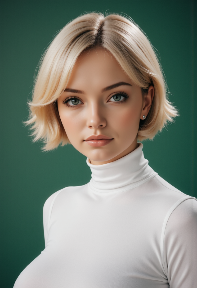 Headshots,masterpiece, a beautiful woman,Hyperrealistic, she is smiling, dynamic angles, multiple angles, photoshoot poses; A photo of Blonde_Female_5-000001, a woman with short blonde hair, a beautiful girl,she is wearing a white turtleneck sweater.she has massive breasts, she has piercing eyes. a dynamic pose and a sense of action. simple green background, and the lighting is soft, creating a dramatic effect, creating a focused and dynamic pose.; the scene is set in a beautiful well-lit environment, with a sense of action and adventure. Style: realistic hyper-detailed rendering, 32k UHD, expressive eyes, punk, graphic design, girl's face, pretty and cute, gleaming lips, telling a tale of adventure. Exuding confidence and serenity. The overall mood of the image is happy and relaxed, detailed skin texture,(blush:0.2),(goosebumps:0.3), subsurface scattering,with a playful and whimsical tone,perfect hand, hand, detailed hand,niji style,retro50s_style,
