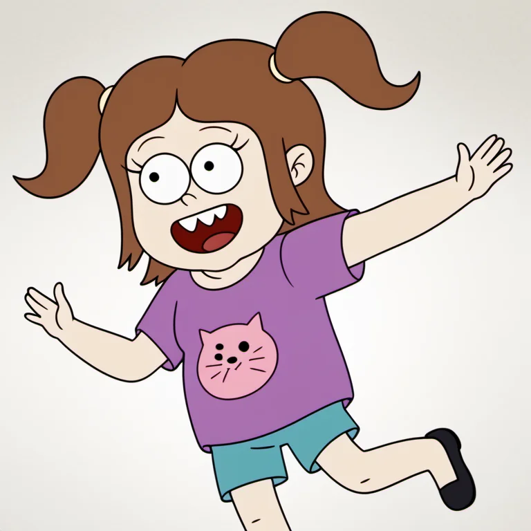 solo, 1girl, cecan1, brown hair, shirt, shorts, open mouth, twintails, black footwear, smile, purple shirt, short sleeves, animal print, t-shirt, two side up, buck teeth, child, <lora:cecan1-000009:1>,