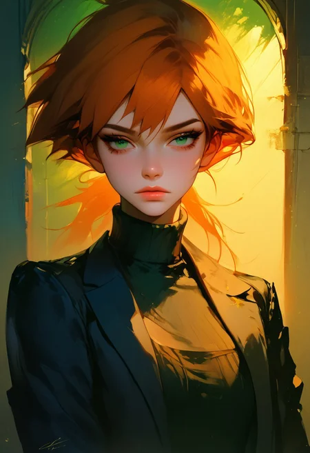 score_9, score_8_up, score_7_up, score_6_up, god rays, dramatic light, Expressiveh, low exposure, high-resolution, detailed texture, emotional depth, dramatic mood, serene atmosphere, cinematic lighting, soft lighting,
(((High Resolution, Best Quality))),
1girl, Misty (/pokemon)/, (ultra HD quality details), orange hair, (green eyes), beautiful face, turtleneck sweater, black sweater, pale skin, semi-realism, medium breasts, tight clothes, dark narrow corridor, black latex gloves, formal suit, black suits, great artist, 8k, black formal jacket, shadows, long eyelashes, sharp eyebrows, sexy, seductive, Noise effect, eyeliner,