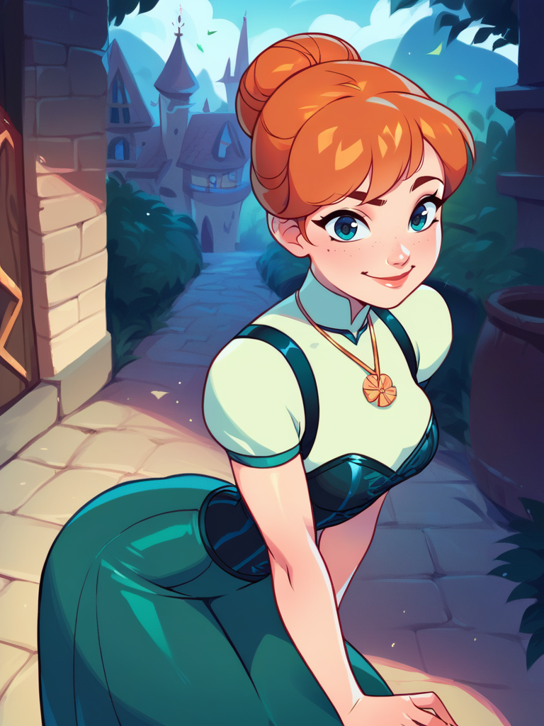 score_9, score_8_up, score_7_up, score_6_up, 1girl leaning forward, cute pose, green drees, long skirt, corset, hair bun, necklace, medium breasts, narrow waist, wide hips, thick thighs, looking at viewer, dynamic pose, smile, cute, solo, cowboy shot, realistic, cute, cartoon, from side, from above, village, castle,
 <lora:AnnaXLP_character:0.8>AnnaXLP  <lora:KajinmanLycoXL:0.8>