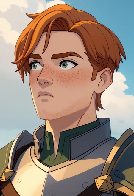 Score_9, Score_8, Score_7, TDPStyle, Gren, Armour, Ginger Hair, Freckles, looking to the side, confused, bust shot