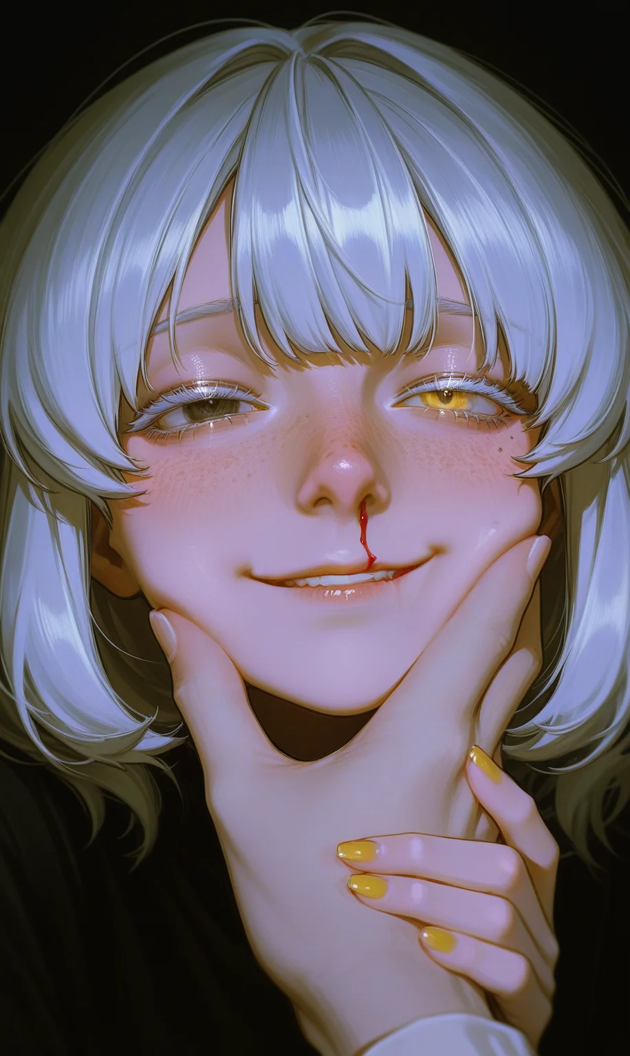 photo of a woman, Light Cyan hair color, 1girl, solo, , virtual youtuber, bangs, (cyan and yellow eyes), anime-art, Art8st, color theory, Different eye colors, colored eyelashes, hyperdetailed, semi-realistic, semi-realism, Heterochromia, hetero, blushing, seductive, darkness, dark background, freckles, mole under eye, smokey eyes, gaze, smug, nose bleeds, blood out from nose, bleeding nose, pov another hand squeezing her cheeks, pov female hand with nails, nail polish, one hand squeeze cheeks,