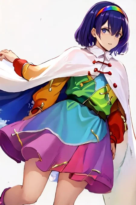 solo_focus, 1girl, ((white background, simple background)):2, (((masterpiece))), ((best quality)), ((ultra-detailed)), high resolution, absurdres, highres, ultra-detailed 8k unity wallpaper, 
Tenkyuu Chimata, multicolored hairband, multicolored dress, zipper lines (clothes), cape, cloud print, brown bag belt, pink boots,