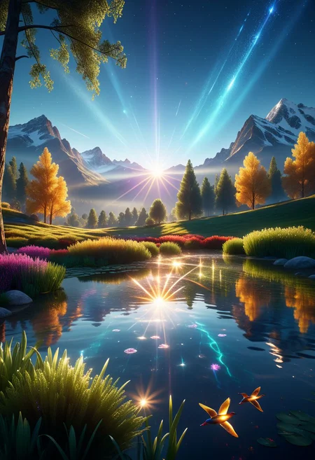 (masterpiece:1.4), (8k quality:1.4), (ultra detailed photo:1.3), ultra detailed illustration, (best quality:1.4), 1024k UHD, RTX, ray tracing, ultra high resolution, high saturation, high contrast, photon mapping, best texture quality, best compotitions, immersive background+, (dramatic lighting), ultra highres, (realistic, photo-realistic:1), raw photo, hyperrealism, photography, (photon mapping, physically-based rendering), (intricate scenery use this image The sun shines on the field in the background the mountains and the pond is transparent with ducks swimming),
BREAK
immersive picture, vivid colors, volumetric light, cinematic light, light rays, lens flare, sparkles, glowing effects, (detailed background), full color, contrasting colors, highly detailed, attention to detail, octane render, award winning visual, depth of field, intricate details, rgb colors, warm backlit, fireflies, extremely detailed, hyper realistic, ultra sharp focus, light particles, cinematic, stunning visual masterpiece, highest quality,