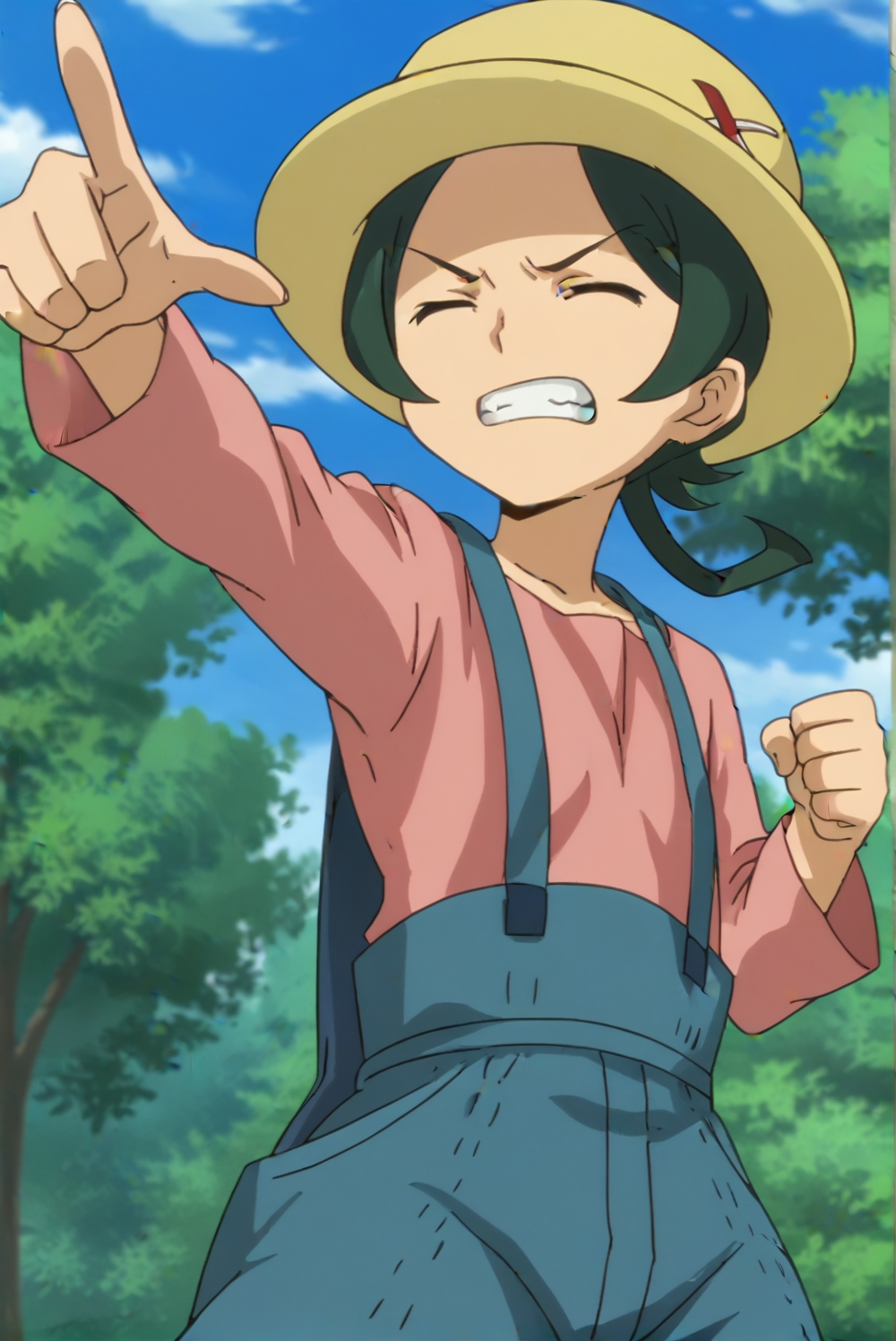<lora:anime:0.8>, Mao Yasaka, 1girl, clenched teeth, closed eyes, cloud, day, hat, outdoors, overalls, pointing, sky, solo, teeth, tree