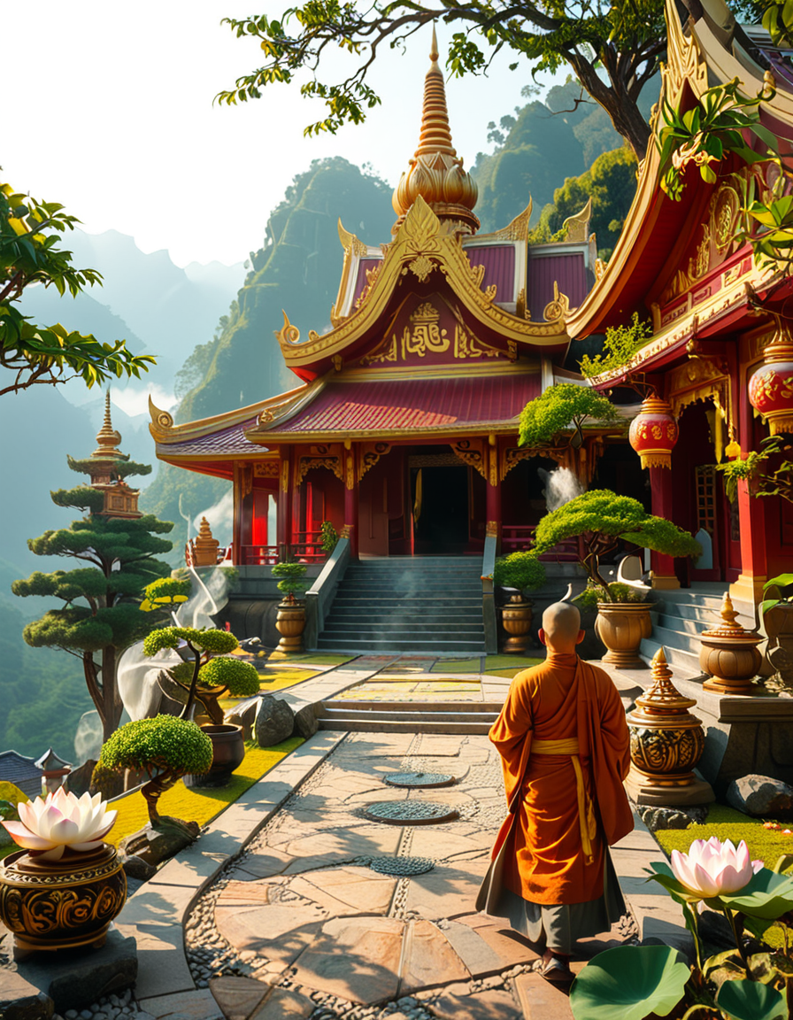 A majestic Buddhist temple nestled in a lush, misty mountain landscape. The temple features traditional curved rooftops with golden ornaments, intricate wooden carvings, and red and gold-painted walls. Large prayer flags in vibrant colors flutter in the wind, adding a spiritual atmosphere. A long stone staircase, partially covered in moss, leads to the main entrance, where a pair of large guardian statues stand watch. The scene is bathed in soft morning light, with gentle rays filtering through the mist, creating a serene and mystical ambiance. The background consists of towering green mountains and a sky with soft pastel hues. In the foreground, a Buddhist monk in deep orange robes walks peacefully along a stone pathway, holding a string of prayer beads. The overall composition conveys a sense of tranquility, spirituality, and harmony with nature.
<lora:SDXLFaeTastic2400:0.4> <lora:extremely_detailed:0.4> extremely detailed,<lora:Buddhist_t3mpl3:1>,Buddhist t3mpl3, Masterpiece,best quality,hi res,8k,hi res,8k,award winning,(sharp focus, intricate, highly detailed),