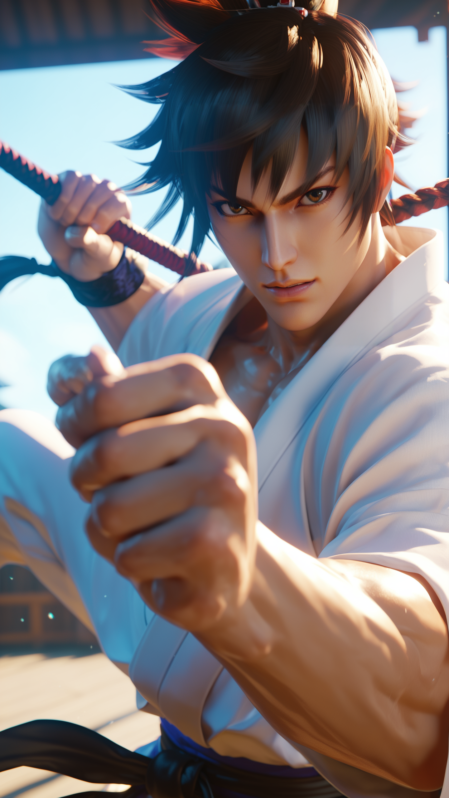 score_9, score_8_up, score_7_up, Asuka Kazama from "Tekken" practices in an old dojo, her movements fluid and precise. The sunlight streaming through the wooden slats highlights her concentration and martial arts prowess, showing her as a guardian of tradition and fighter spirit.