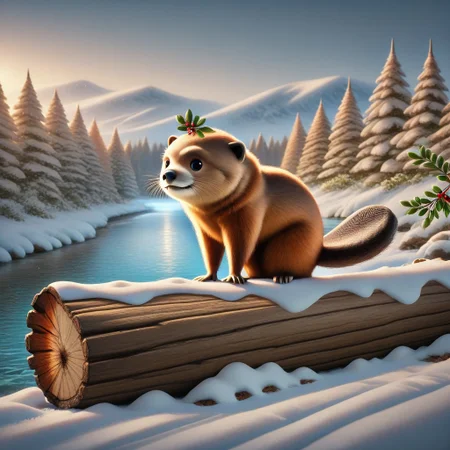 masterpiece, best quality, absurdres, animal christmas, christmas theme,
animal focus, no humans,
beaver, river, log, mistletoe,
snow, outdoors