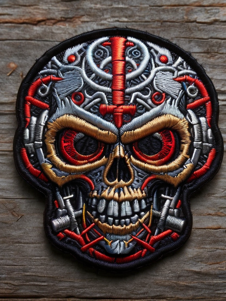 a metalic skull with red eyes and screws and bolts, hells angels style <lora:ral-embroideredpatch:1> ral-embroideredpatch