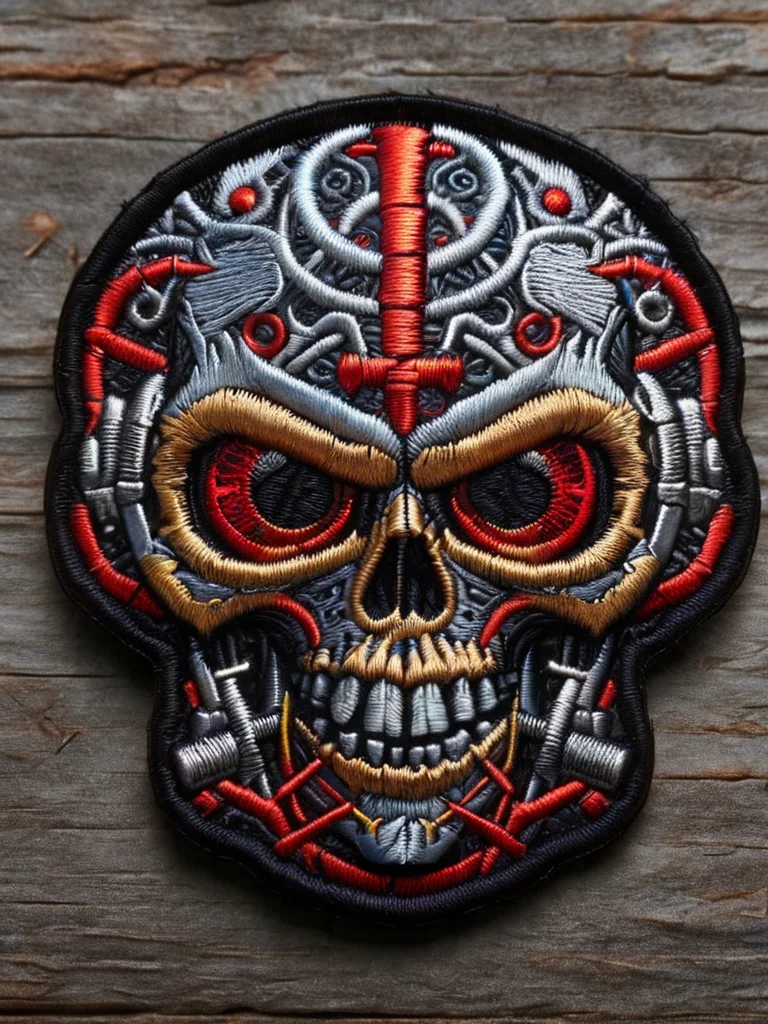 a metalic skull with red eyes and screws and bolts, hells angels style <lora:ral-embroideredpatch:1> ral-embroideredpatch