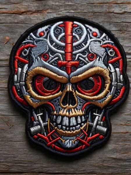 a metalic skull with red eyes and screws and bolts, hells angels style <lora:ral-embroideredpatch:1> ral-embroideredpatch
