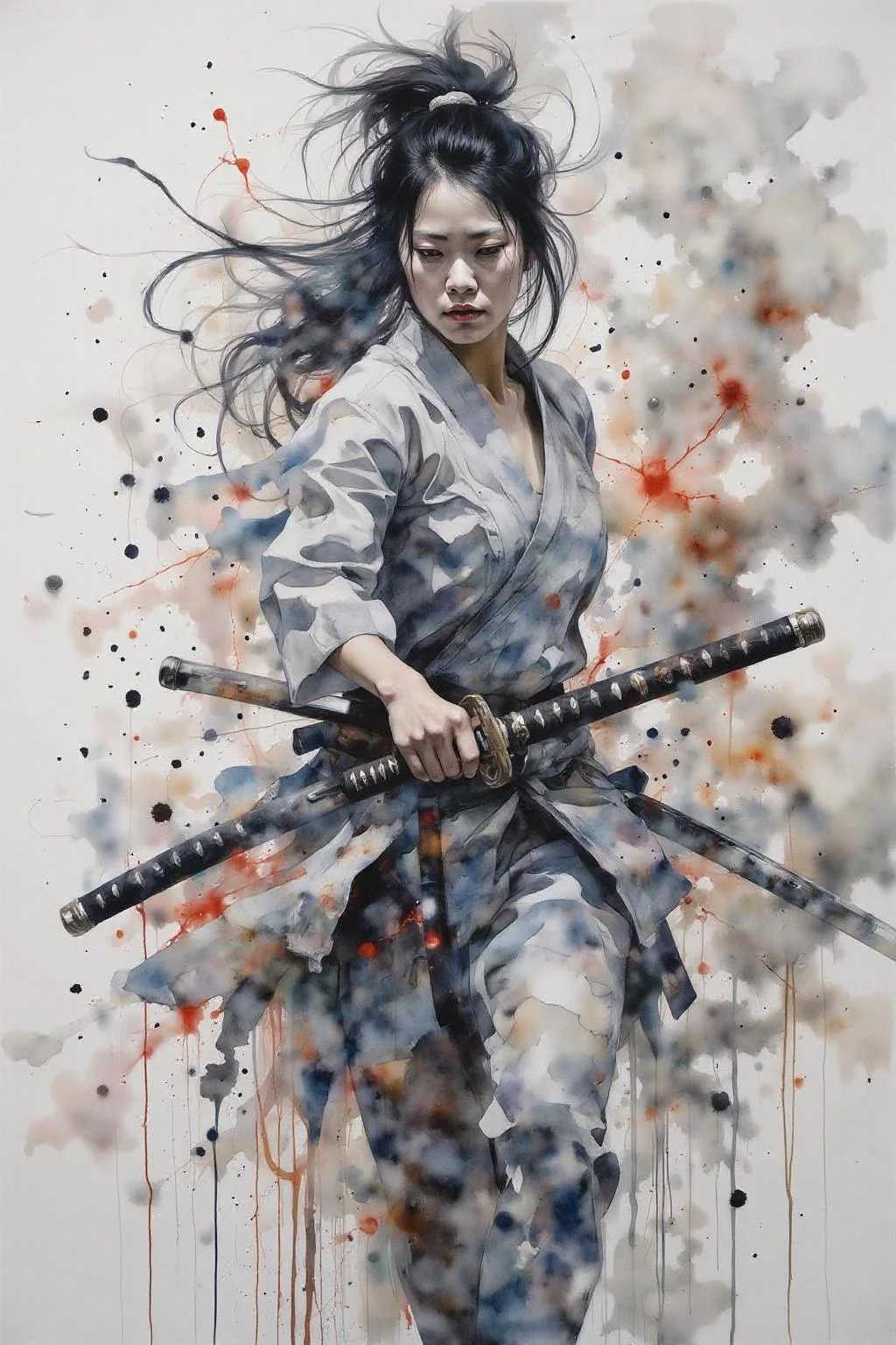 yawc1 watercolor.
A female Japanese samurai warrior wielding a katana, blending form with reality. Glitching the surreal with blurred dreams on a white background. Woven light fuses delicatly with whispering shimmers creating a eyecatching and masterpiece artwork. drifting fog, cracked light and smokey haze in floating threads finishes the dreamlike reality. <lora:yawcolor_nocap_d6a3:1.0> <lora:Flux-Sch-SingleBlocks-BF16:1.0><lora:799114769199136800:0>