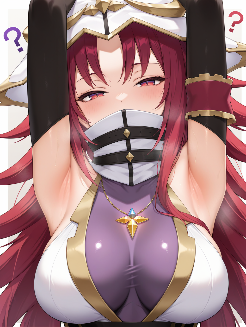 beyond the pendulum,1girl,solo,high collar,looking at viewer,crystal necklace,upper body,covered mouth,multicolored elbow gloves,?,medium breasts,large breasts,purple bodysuit,white dress,head tilt,half-closed eyes, arms up, armpit crease, 
masterpiece,best quality,amazing quality,very aesthetic,absurdres,newest,<lora:Beyond the Pendulum illuXL v1:0.72>,