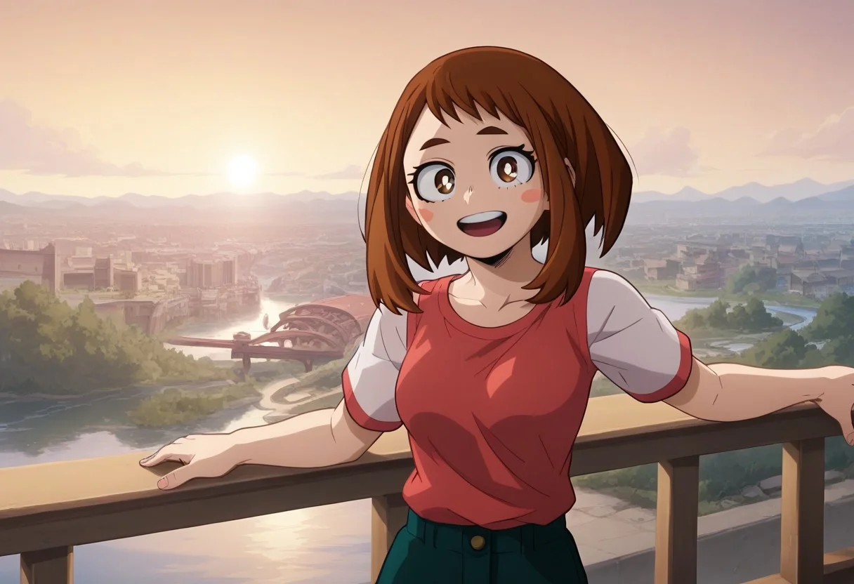 score_9, score_10, score_8, score_7, 1girl, solo, highly detailed, wide shot, ochako_uraraka, medium breasts, brown hair, brown eyes, white pupil, blush stickers, casual clothes, looking at viewer, official art, cityscape, happy, sunset, railing, against railing, river, bridge, romantic atmosphere, ANIMESTYLE, hires, movie screenshot, cinematic