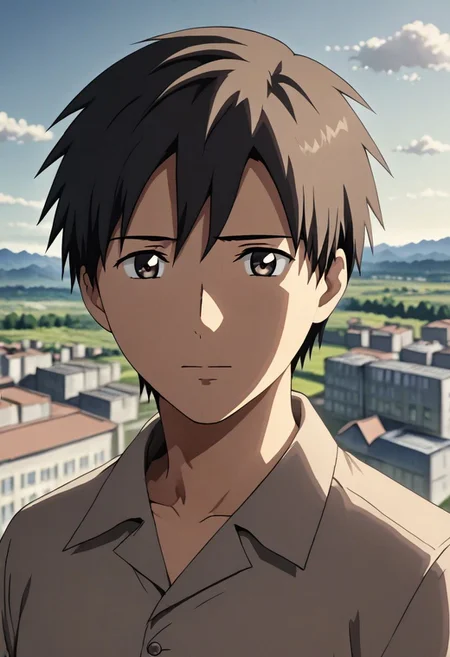 high resolution, solo, best quality, 1Boy, Takaki Toono, Brownish Hair, Brown Eyes, high-rise, top of building, landscape, shallow depth of field, OverallDetail