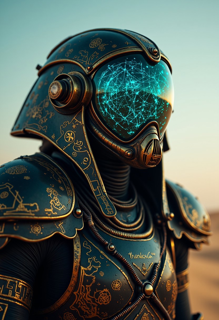cpstyle01, A highly detailed, photorealistic close-up portrait of a futuristic humanoid figure standing in a vast, bleached desert. The background is blurred, with swirling dust and endless, arid sand dunes stretching into the distance. The stark, pale light of the wasteland casts an almost otherworldly glow on the character’s intricate armor.
The figure’s helmet is a striking fusion of ancient Egyptian motifs and high-tech, alien aesthetics. Dark metallic bands frame a large, glowing translucent neon multicolored visor, which radiates an intricate, shifting spectrum of electric blues, magentas, and greens. The visor’s vibrant glow reflects faintly on the figure’s black and gold armor, subtly illuminating engraved hieroglyphic symbols and geometric patterns. The engraved name "thanks ajuro" is etched into the chest plate in a stylized, Egyptian-inspired font.
Fine brass and copper tubes snake along the contours of the suit, their design more in line with advanced alien technology than traditional steampunk. The dark metallic surfaces are adorned with delicate, glowing lines that resemble forgotten symbols of an ancient civilization, now intertwined with futuristic cybernetic enhancements.
The figure’s eyes remain hidden behind the radiant, ever-shifting neon visor, adding to the enigmatic, mechanical nature of their presence.