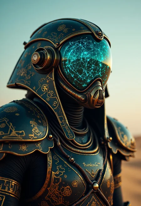 cpstyle01, A highly detailed, photorealistic close-up portrait of a futuristic humanoid figure standing in a vast, bleached desert. The background is blurred, with swirling dust and endless, arid sand dunes stretching into the distance. The stark, pale light of the wasteland casts an almost otherworldly glow on the character’s intricate armor.
The figure’s helmet is a striking fusion of ancient Egyptian motifs and high-tech, alien aesthetics. Dark metallic bands frame a large, glowing translucent neon multicolored visor, which radiates an intricate, shifting spectrum of electric blues, magentas, and greens. The visor’s vibrant glow reflects faintly on the figure’s black and gold armor, subtly illuminating engraved hieroglyphic symbols and geometric patterns. The engraved name "thanks ajuro" is etched into the chest plate in a stylized, Egyptian-inspired font.
Fine brass and copper tubes snake along the contours of the suit, their design more in line with advanced alien technology than traditional steampunk. The dark metallic surfaces are adorned with delicate, glowing lines that resemble forgotten symbols of an ancient civilization, now intertwined with futuristic cybernetic enhancements.
The figure’s eyes remain hidden behind the radiant, ever-shifting neon visor, adding to the enigmatic, mechanical nature of their presence.