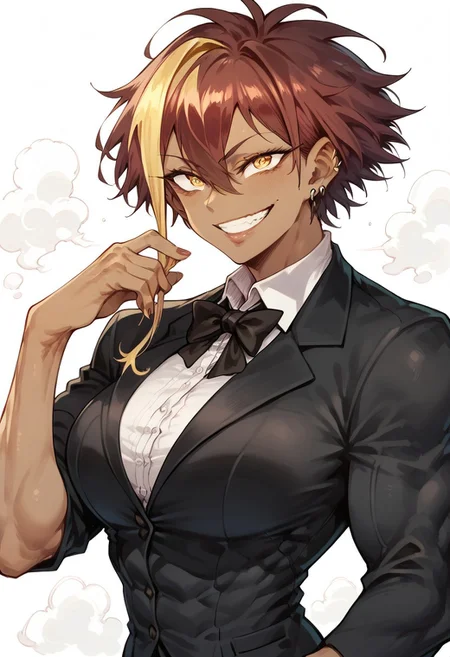 score_9, score_8_up, score_7_up, Expressiveh, 1girl, marle barrock, yellow eyes, ringed eyes, muscular female, dark-skinned female, toned female, wide grin, tuxedo