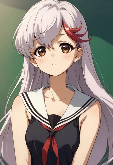 score_9,score_8_up,score_7_up, aikawa_akane, 1girl, solo, long hair, streaked hair, multicolored hair, white hair, red hair, brown eyes, akane_casual, sleeveless, sailor dress, black dress, sailor collar, front view, upper body, breasts