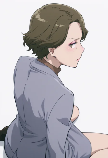 anime screencap, anime coloring,    <lora:DX888Shoko:1>  haimawari shoko, brown eyes, brown hair, short hair, makeup, mature female, wrinkled skin, 
grey blazer, turtleneck sweater, brown sweater, grey skirt BREAK simple background,  white background, BREAK  1girl, arm support,  closed mouth, blush,  from behind,  profile, , looking back,  solo, wariza, from above,