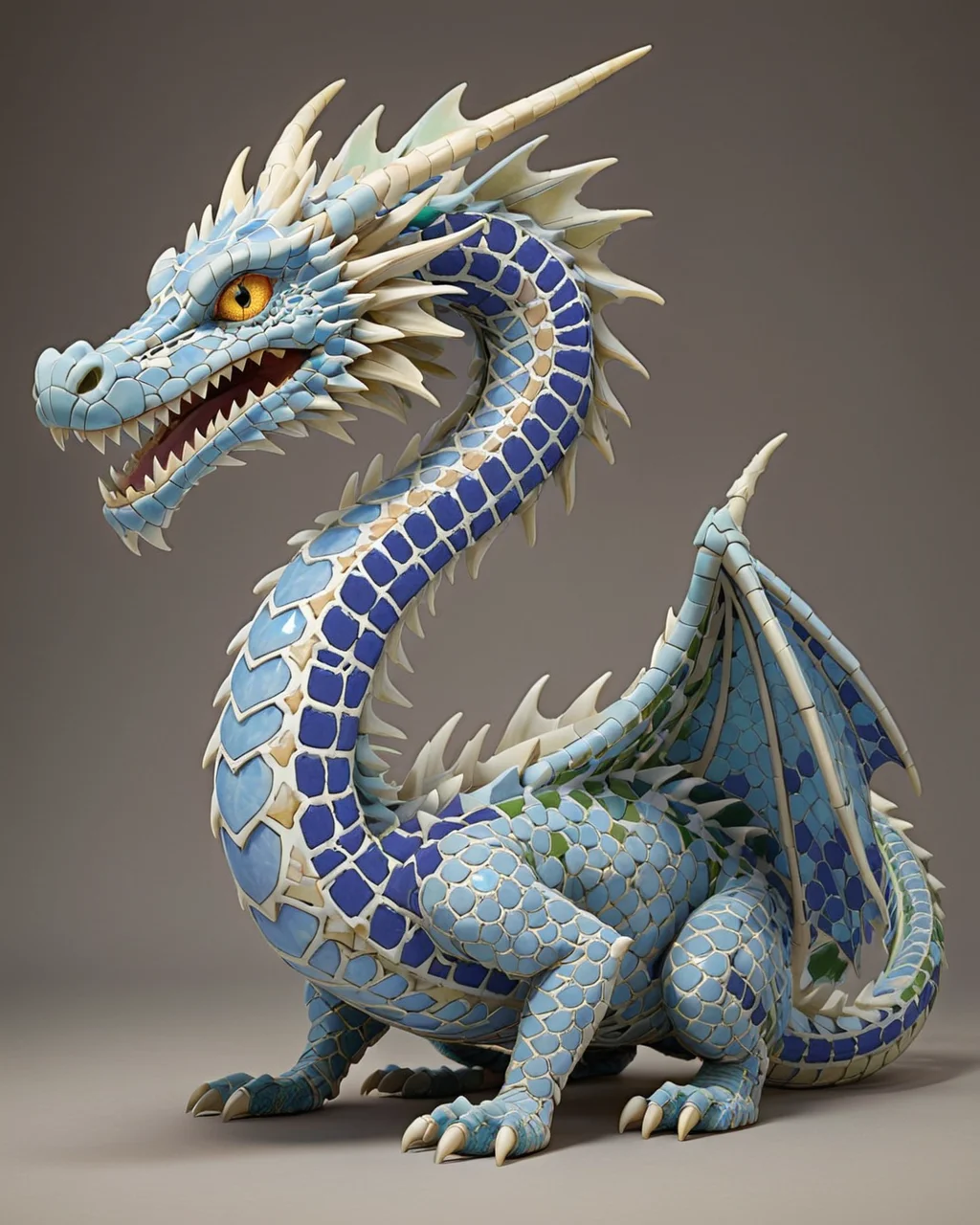 concept art, elegant, Ancient bioluminescent dragon, side lit, 35mm, made of Moroccan mosaic print, <lora:Zellij:1.0> zlj-xl,