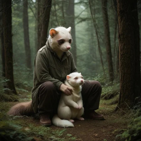 antro, 1boy, 1girl, ferret, sitting, fallen tree, in a forest background, UHD, score_8_up, score_9