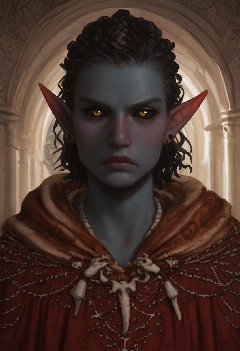 solo, short pointy ears, piercings, random elf face, aquiline features, male dark elf, masculine, long beard, weathered skin, large nose, athletic build,  animated realism, zoomed out, Syrian features, torso, brass pipes and gears, intricate architecture, dwarven masonry, dwemer fixtures, white-green light, gloomy lighting, ancient ruins, interior, stone tiled floor, grey-blue skin, mahogany and ivory clothes, medium armor, bone plate armor, ivory straps and fittings, alien bone ornaments, grey wood neckguard, dark red sclera, black pupils, distant mushroom forest, blue-green light, neon, highly detailed, defined features, looking at viewer, three quarters view, from front, dynamic lighting, 56 years old, light and shadows, patterned cloth, annoyed expression, expressive eyes, detailed medieval clothes, short hair, wavy hair, thick hair, beaded hair, braided hair, under cut hair, semirealistic, alien elf, spanish features, jewish features, black hair, dark red hair, umber skin, sharp features, pastel green berber print cloak, nighttime, high detail, absurdres, pretty eyes, detailed eyes, yellow eyes,