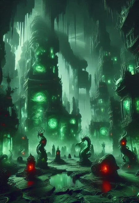 emeraldmorph,fantasy art deco,Cyberpunk city,abyssmerald, dark, haunting, green fog, cave, ruins, red lantern, background fantasy, ancient background, <lora:JJsCyberPunkCity_XL:1>, ((CyberPunk City)), (masterpiece),(high quality), best quality, real,(realistic), super detailed, (full detail),cenery,A mystical emerald valley where ancient magic fuses with future tech: biomechanical titans and cyber-enhanced crystal dragons battle beneath a blood-red moon projecting AR runes. (disintegrating and dissolving into fog and smoke:1.9) A robotic minotaur wreathed in digital flames charges through crystalline data streams, while a majestic cyber-turtle carries both a miniature emerald world and quantum computer on its shell. (blending form with reality:1.9) Techno-shamans cast code-spells from LED-enhanced robes, as chrome-augmented crystal golems guard digital ley lines. A towering emerald mech-dragon, scales shifting between runes and binary, coils around a crystal spire network hub, while digital familiars and drones dance through neon mist where technology and sorcery merge into one.