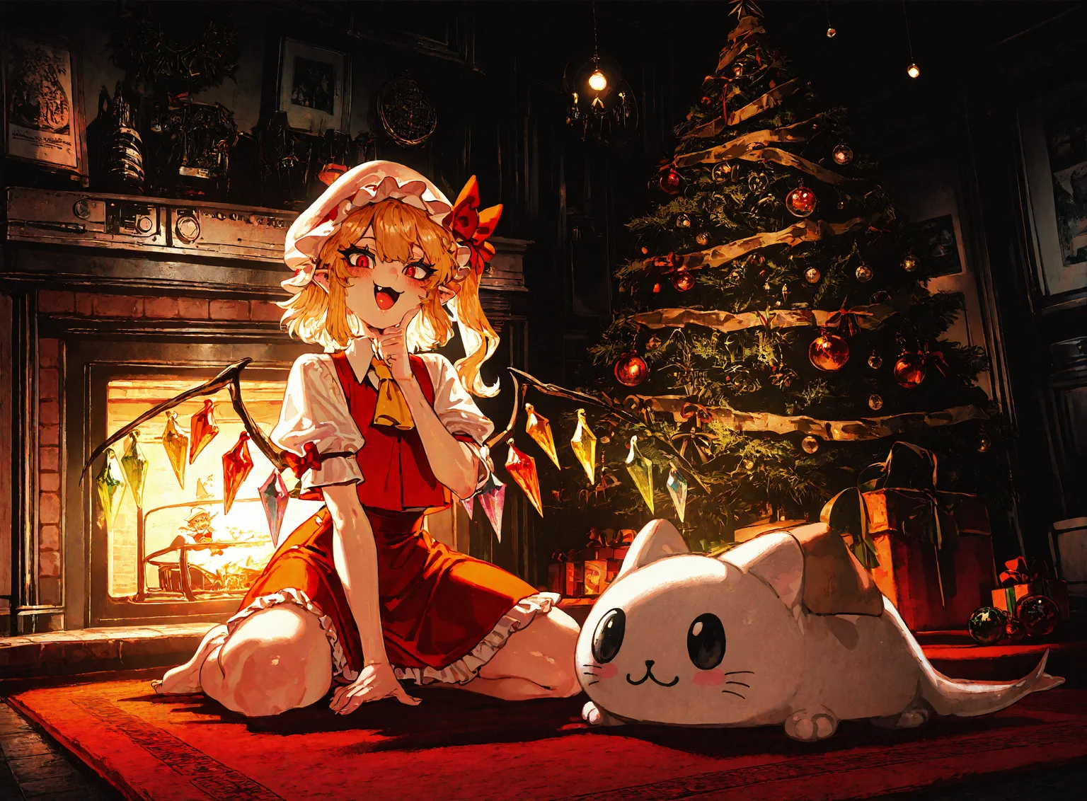 1girl,flandre_scarlet, :3, :d ,ascot, barefoot ,blonde_hair ,blush, collared_shirt , crystal_wings, fang, frilled_skirt, frills, hand_on_own_chin ,hat, hat_ribbon, heart ,looking_at_viewer ,mob_cap ,multicolored_wings, open_mouth ,puffy_short_sleeves, puffy_sleeves ,red_eyes ,red_ribbon, red_skirt ,red_vest ,ribbon ,shirt ,short_hair ,short_sleeves,itting ,skir,t skirt_set ,smile, solo, vest ,white_hat, white_shirt ,wings ,yellow_ascot,
chrlib, scenery, indoors, living room, night, oven, christmas tree, christmas ornaments, red carpet,
, Fishine,ireading ,noya_makoto ,quasarcake, retro_artstyle, retro,looking_at_viewer ,
masterpiece, best quality, amazing quality, very aesthetic, absurdres, newest, <lora:ponyv5_noobE11_1_adamW:0.6>, <lora:add-detail-xl:0.5>, <lora:cfg_scale_boost:0.5>, <lora:retro_scifi_artstyle:0.6>, <lora:USNR STYLE_XL_loha:0.6>, <lora:Christmas living room:0.6>