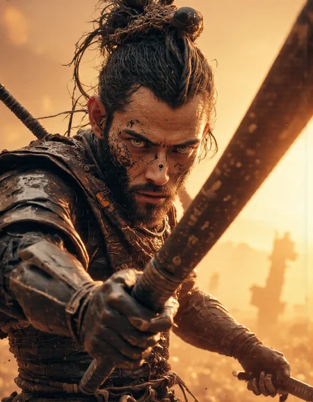 A realistic, dynamic anime illustration with a Dutch angle, capturing a furious samurai in a soft static Burnt Sienna style. The samurai, with intense, narrowed eyes and an expression of raw anger, swinging his sword directly toward the viewer as if challenging them. The scene is dramatic and cinematic, with intricate detailing on the samurai's armor, and a powerful contrast in colors that highlights his fierce emotion. The Dutch angle amplifies the tension, giving the composition an energetic, intense atmosphere.
