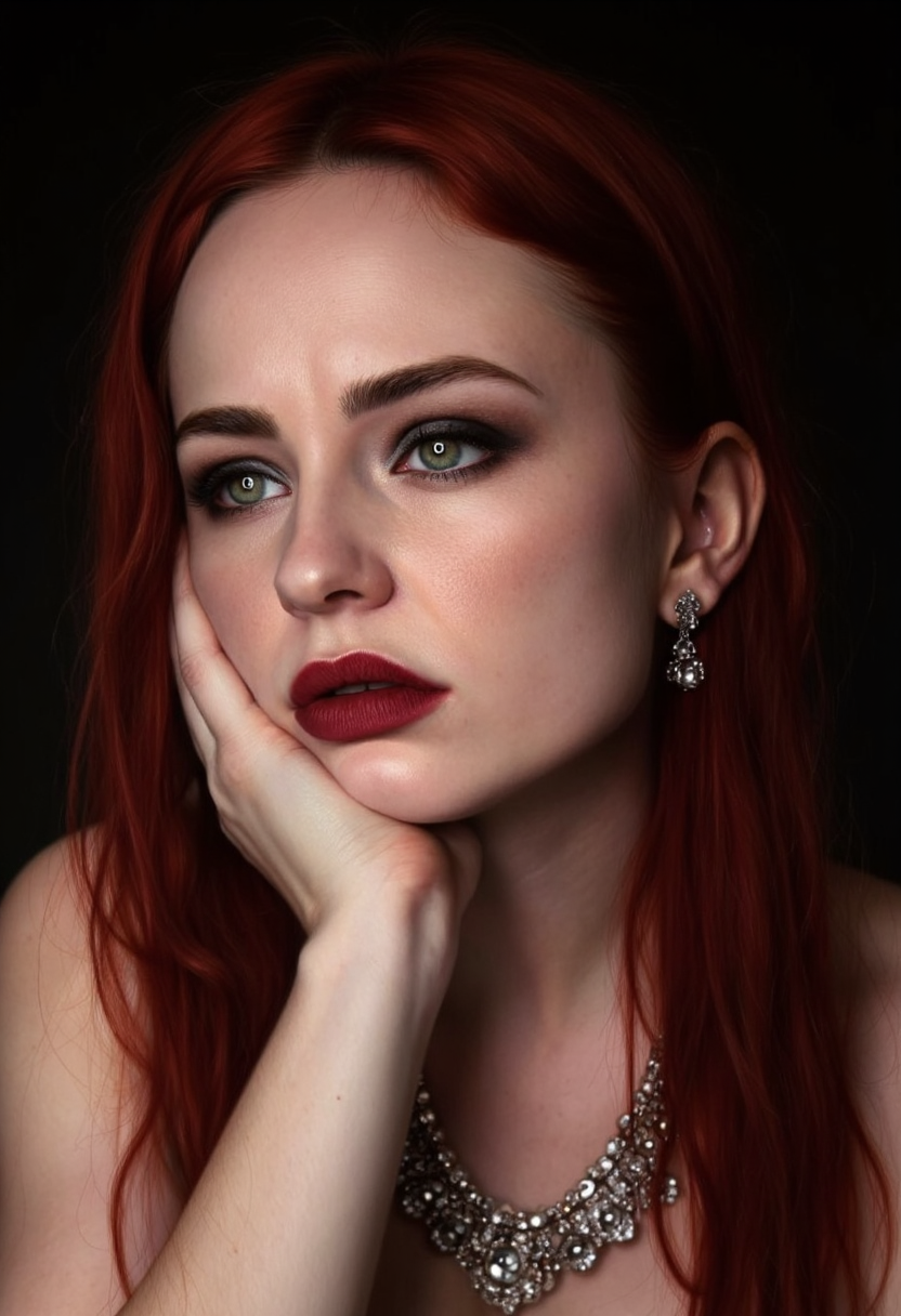 photorealistic painting of a 20 y.o. woman resting her chin on one hand, bored expression, heavy makeup, detailed flawless skin with pores, dark smokey makeup around eyes, piercing green eyes, red lipstick with a dark margin, long red hair, big jeweled ear rings and necklace, neutral black background, soft light <lora:hyperrealism-000103:1>