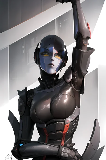 ((masterpiece:1.2, best quality, high_resolution, distinct_image)), <lora:robotGirlLora_v10:1>,robot girl,curvy,metal muscular fiber, portrait, perfect Contrast, arm up