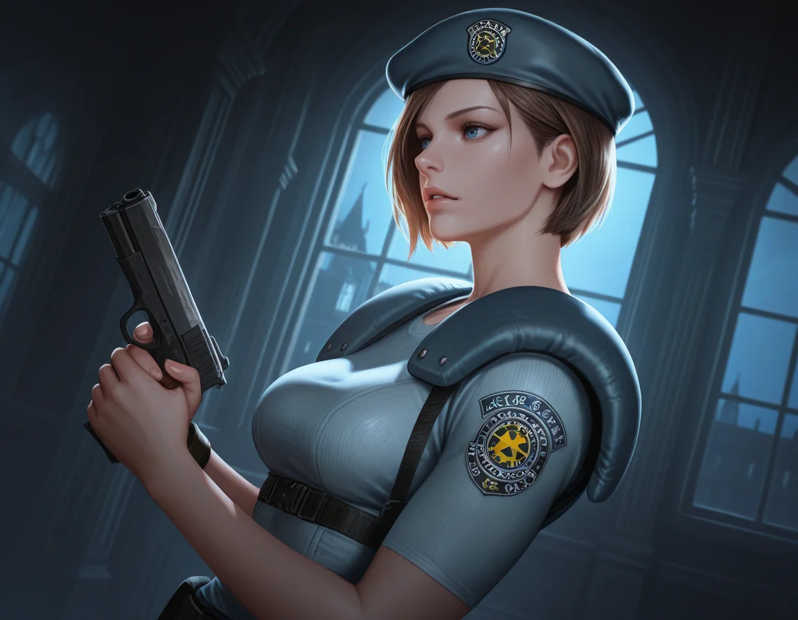jill valentine, 1girl, beret, blue eyes, breasts, sleeves, parted lips, holding pistol, backlighting, dynamic angle, from side, night, darkness, indoors, mansion, window
, masterpiece, best quality, realistic, <lora:IL_RE1Jill_t1-33-64:1>