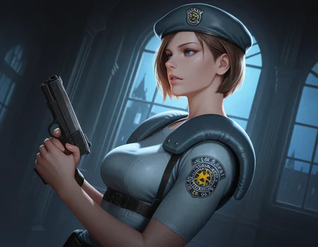 jill valentine, 1girl, beret, blue eyes, breasts, sleeves, parted lips, holding pistol, backlighting, dynamic angle, from side, night, darkness, indoors, mansion, window
, masterpiece, best quality, realistic, <lora:IL_RE1Jill_t1-33-64:1>