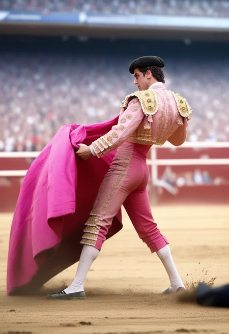 score_9, score_8_up, score_7_up, tr4j3, 1boy, arched back, twirling capote, capote, holding espada, espada, montera, pink fabric, gold stitching, traje, fighting  tricerotops, bullring, spectators, blurry background <lora:traje_PNY_v2_r1:1>
