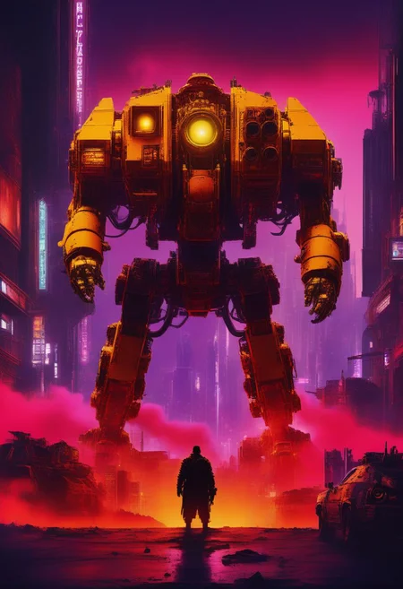 ((masterpiece,best quality)), absurdres, hyper realistic detailed render,
a big yellow drdnght machine with rocket launcher and flamethrower,
game asset, cinematic, movie poster, warm colors, red theme, purple fog,
night, building, city, cityscape, cable, monitor, cyberpunk, neon lights, silhouette,