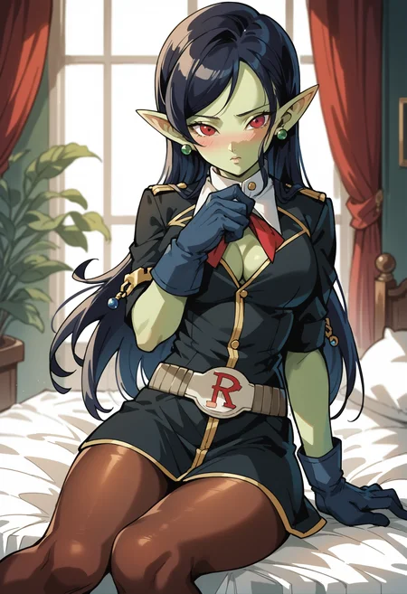 score_9, score_8_up, score_7_up, score_6_up, source_anime, anime, seated in bed, 1girl, open shirt, cleavage, shy, blushing <lora:Robelu:0.8> robelu, pointy ears, black hair, green skin color, colored skin, jewelry, red eyes, pantyhose, uniform, long hair, gloves, earrings BREAK  Anime Style, Manga Style, Hand drawn, cinematic, Sharp focus, humorous illustration, big depth of field, Masterpiece, concept art, Vivid colors,  Intricate, Vibrant colors, Soft Shading, Simplistic Features, Sharp Angle, rating_explicit