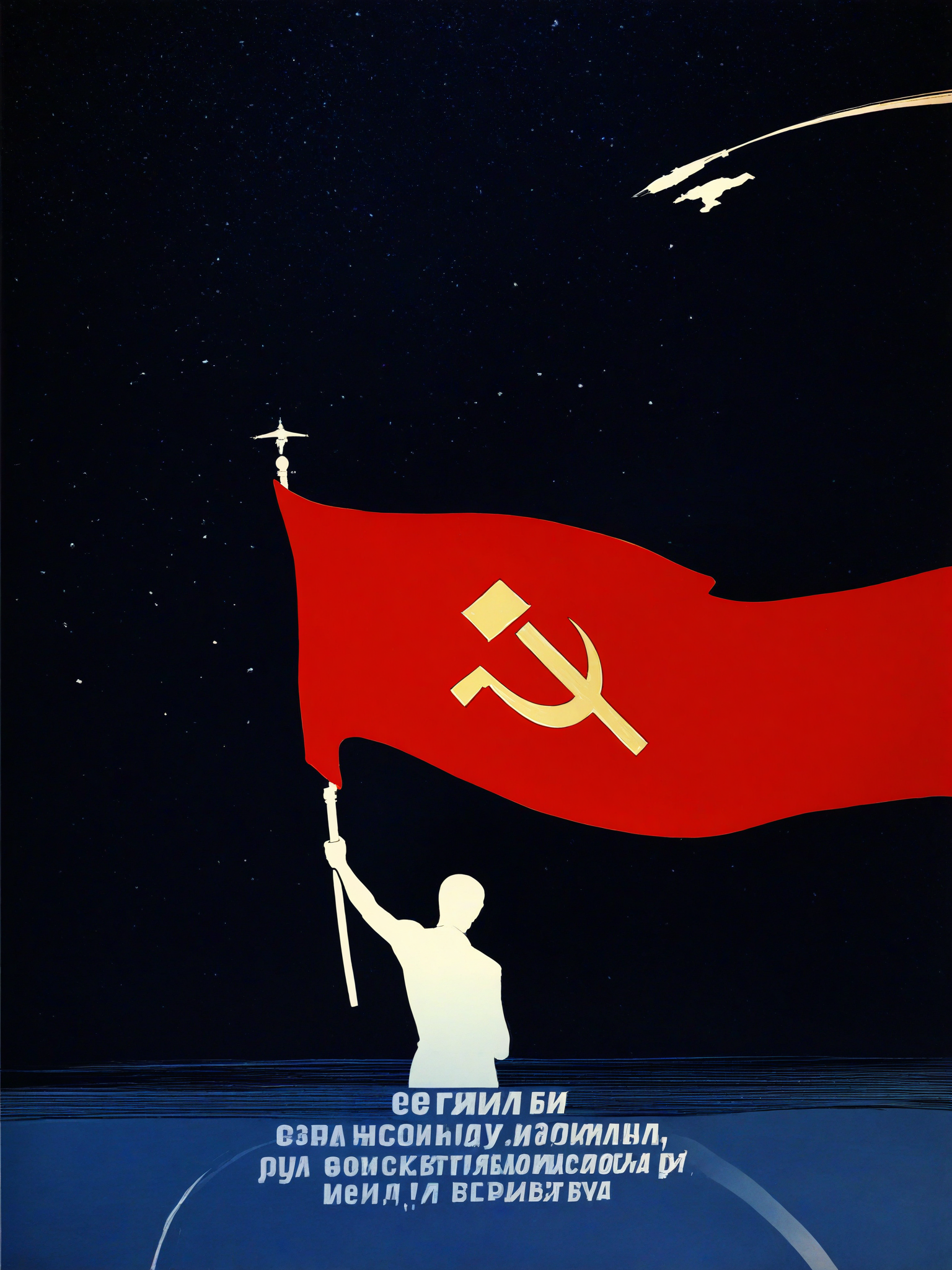 space, (star \(sky\), starry sky), aerospace, (medium shot, half body), 
(1boy:1.5), solo, silhouette, red flag with hammer and sickle, 
running, (holding flag), back view, back, road, dynamic pose, 
poster, russian text, red, blue, monochrome, 
s-m,<lora:Sovposter-NOOB-V1-E-PRED-000003:1>
masterpiece, best quality, amazing quality, very aesthetic, absurdres, newest,