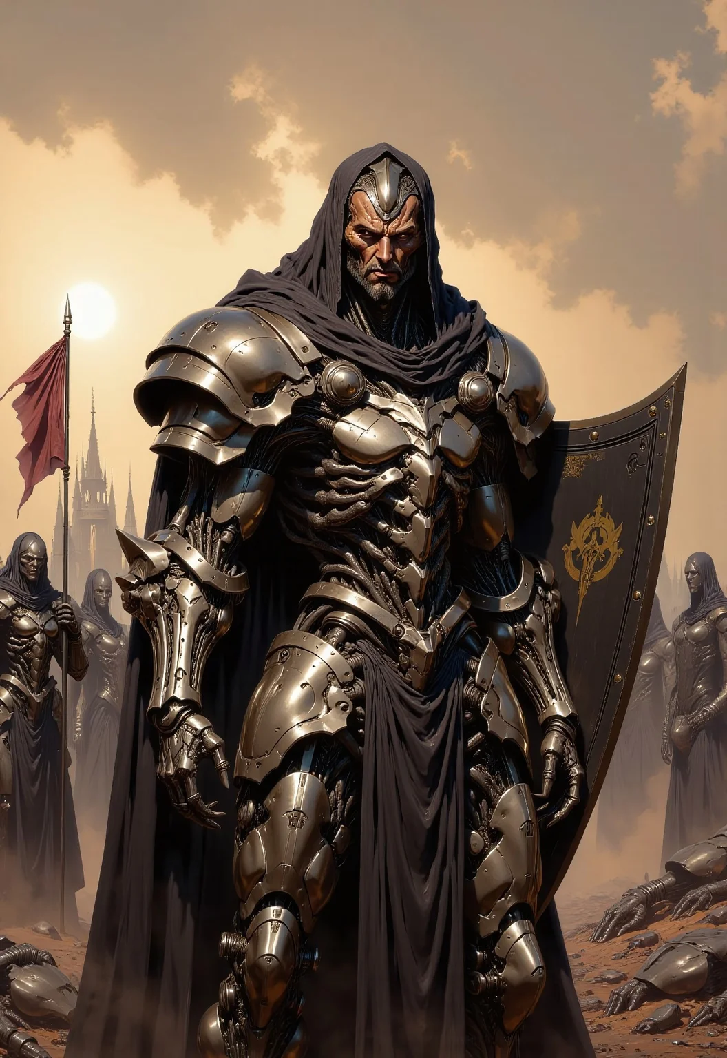 in the style of artics, highest details, ultra hyper realism. highly detailed and realistic. intricate and highly professional artwork, an absolute masterpiece.
Imagine an image of a battle-worn knight, his ornate steel armor covered in deep gashes and dried blood, dented from countless battles, standing in a mud-soaked medieval battlefield at the break of dawn. His right hand grips a massive longsword, the hilt wrapped in fraying leather, while his left arm clutches a broken shield emblazoned with a faded heraldic emblem. His face, partially shadowed by his helmetas raised visor, reveals a solemn expression with a scar running down his left cheek and weary, piercing blue eyes staring at the horizon. The ground is littered with shattered weapons, fallen banners, and the bodies of soldiers, while a cold wind stirs the tattered remains of a crimson war flag caught on a jagged spear. Thick clouds of morning fog cling to the ground, illuminated by the soft golden light of a rising sun cutting through the mist. The far-off silhouette of a smoldering castle stands against the gray sky, smoke curling from its ruined towers. The image is hyper-realistic with heavy chiaroscuro lighting emphasizing the contrast between the golden dawn and the battlefieldas murky depths.