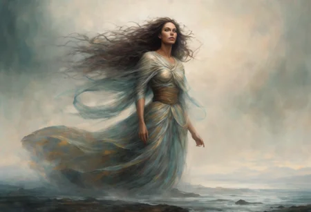 Wind Whisperer woman, controlling air currents, floating gracefully. megalithic structures. muted in color with subtle tones and is an intense fusion of raw emotion and visceral imagery style.