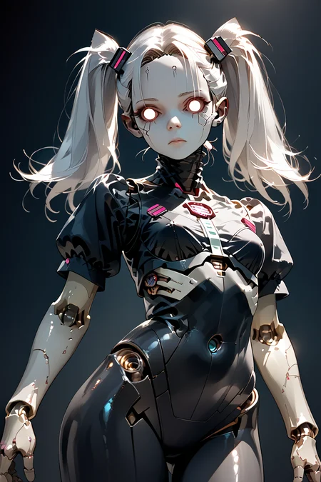1woman, sexy, petite, android, <lora:Aff_anne_droid_2_:1> anne_droid, medium breasts, perky breast, long hair, white hair, twintails,, score_9, score_8_up, score_7_up, score_6_up, score_5_up, score_4_up, <lora:040790P:0.4> 040790P, woman, 24 years old, (tiny waist, flat stomach, narrow hips)
